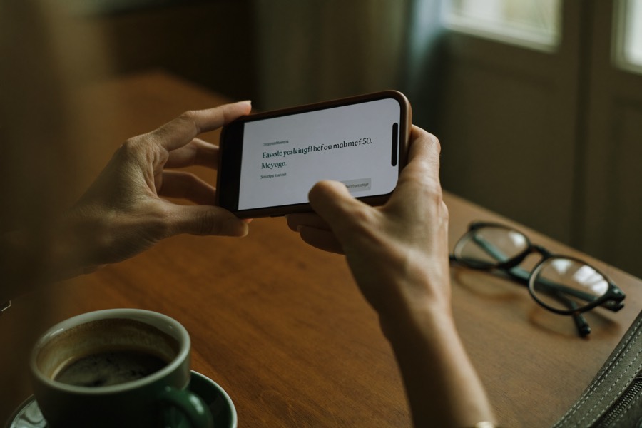 Hände tippen die erste Nachricht auf dem Smartphone, Kaffee und Lesebrille daneben
